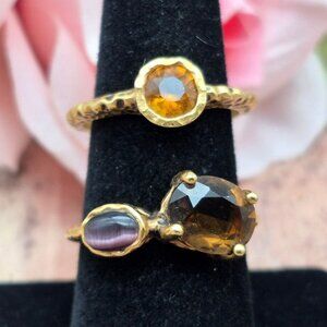 Premier Designs Lot of 2 Gold Tone Brutalist Rings 9 Cats Eye Amber Color Stones